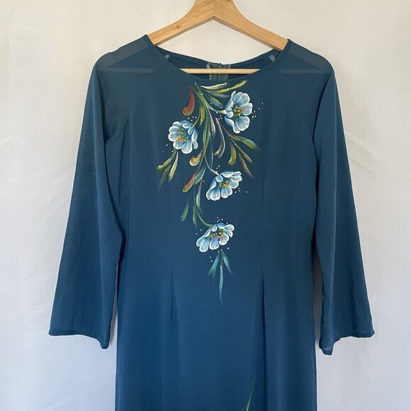 Vintage Teal Maxi Dress With Floral Hand-Painted Design & Long Sleeves high slit - Picture 2 of 10